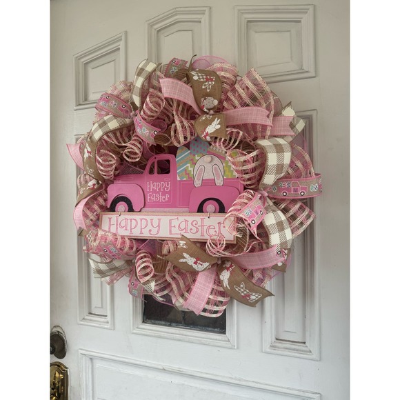 Easter Bunny Deco Mesh & Ribbon Spring Wreath Front Door Hanger Home Decor - Picture 8 of 9